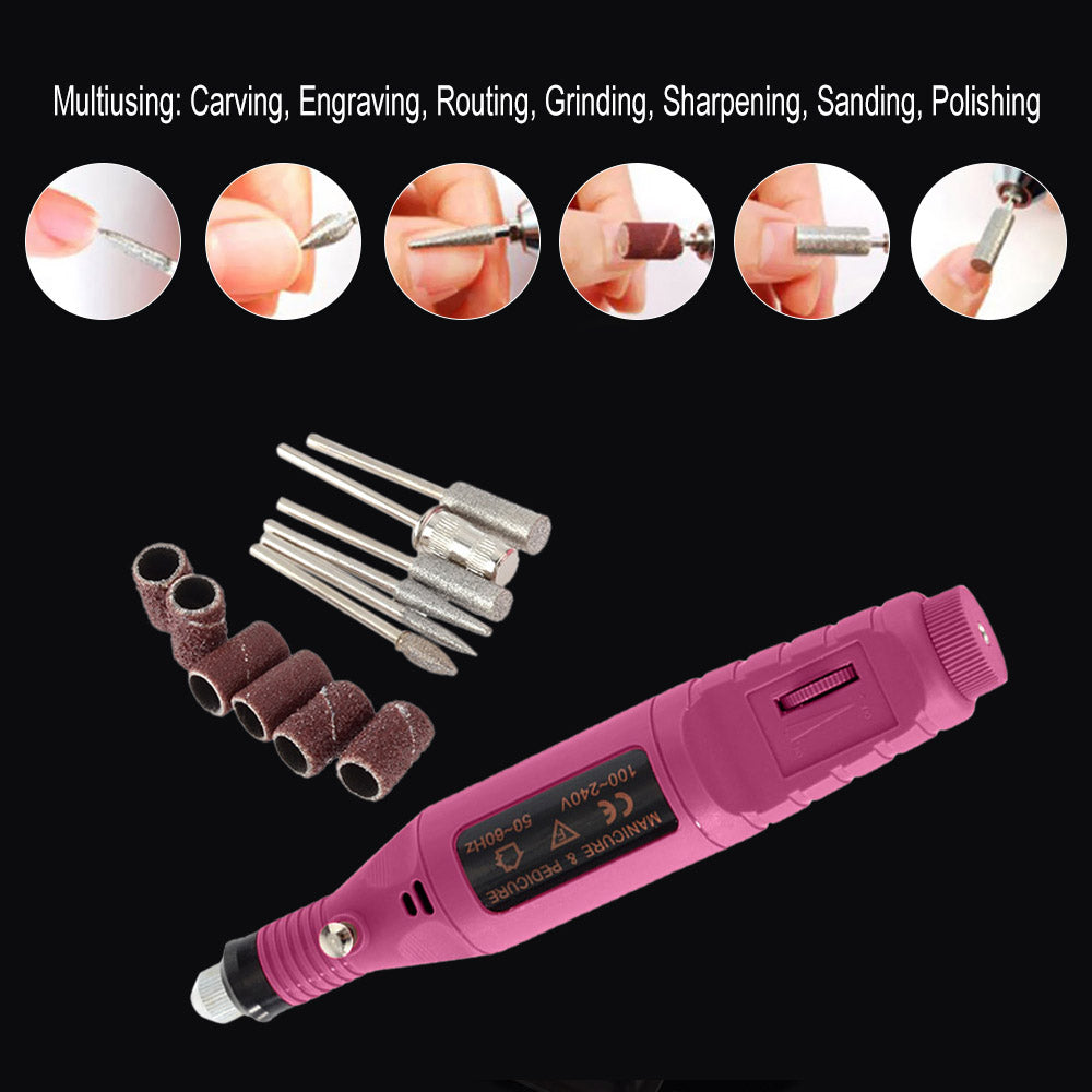 Pen Shape Electric Nail Drill Machine Art Salon Manicure File Polish Tool+6 Bits(UC PLUG) - BettyCora