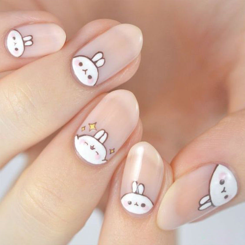 Easter Cute Rabbit Design White Glue On Nails Medium Oval